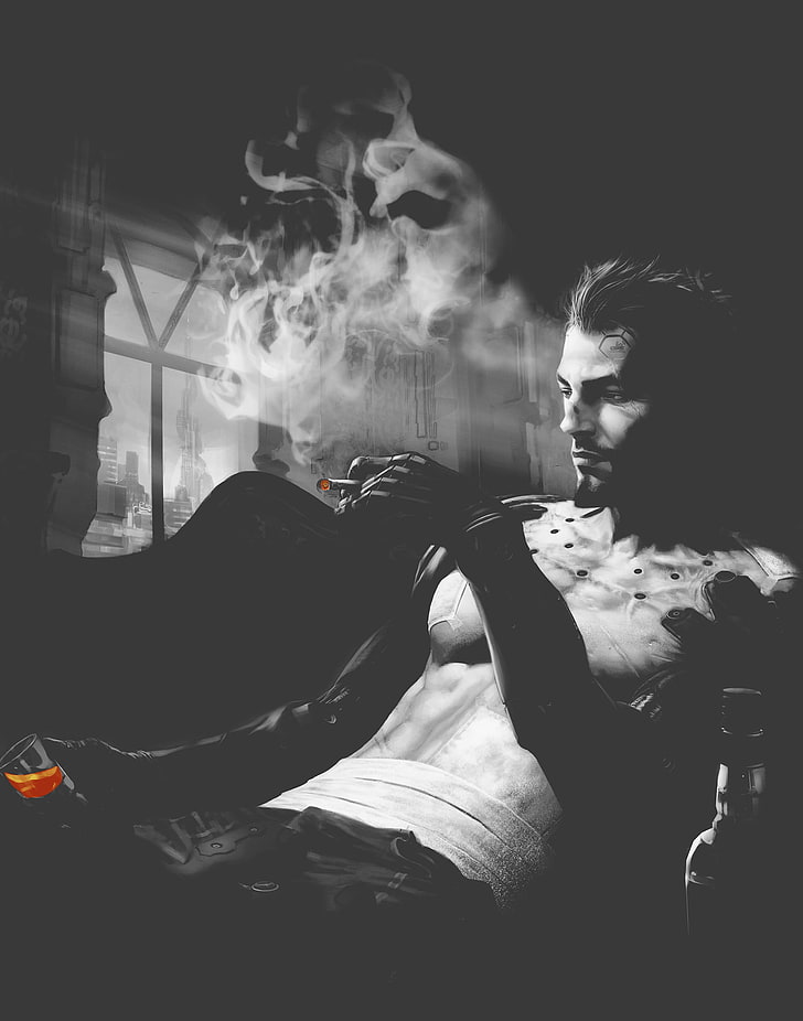 uomo che fuma tabacco arte vettoriale, Deus Ex: Human Revolution, fumo, opere d'arte, Adam Jensen, Sfondo HD, sfondo telefono