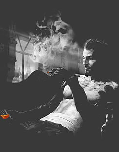 ผู้ชายสูบบุหรี่ยาสูบศิลปะเวกเตอร์ Deus Ex: การปฏิวัติมนุษย์การสูบบุหรี่งานศิลปะ Adam Jensen, วอลล์เปเปอร์ HD HD wallpaper