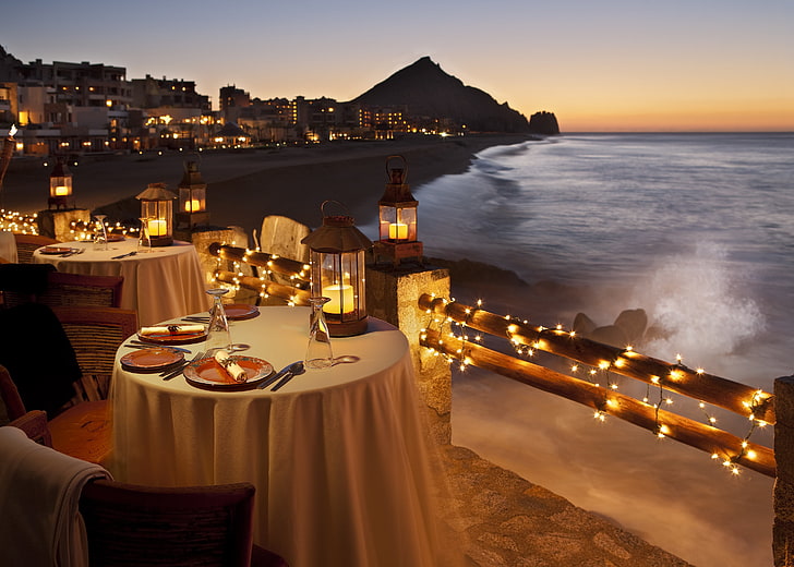 white tablecloth, evening, table, dinner, restaurant, coast, look, fires, garland, HD wallpaper
