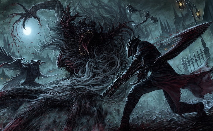 man holding sword game wallpaper, night, weapons, the moon, blood, art, male, monster, the hunter, bloodborne, atelier road, cleric beast, eileen the crow, tatsuya, HD wallpaper