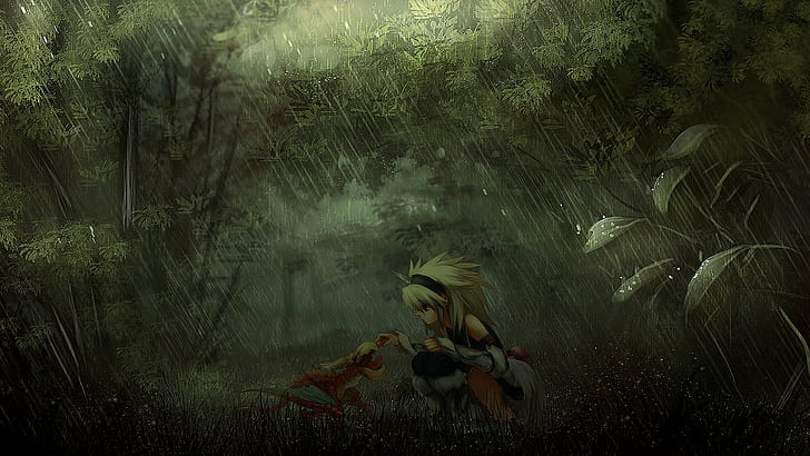 female animation character feeding animal digital wallpaper, Monster Hunter, Yian Kut-Ku, HD wallpaper