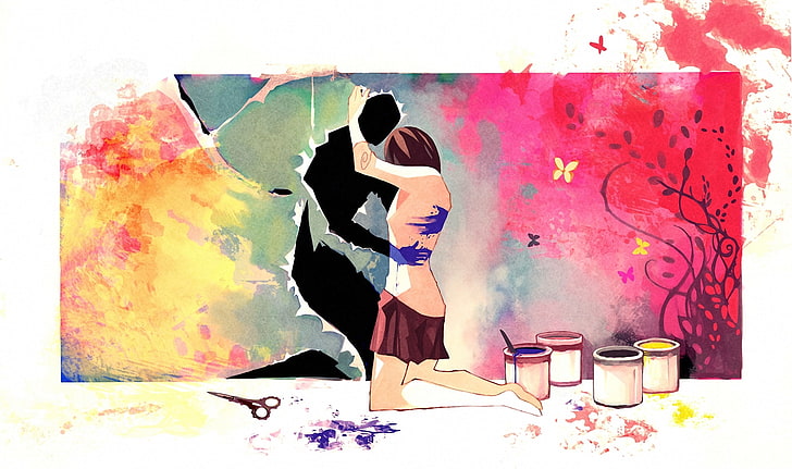 Male and female illustration, girl, paint, figure, art, scissors, hug, HD  wallpaper | Wallpaperbetter