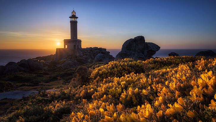 sea, sunset, lighthouse, Galicia, Malpica de Bergantiños, Barizo, HD wallpaper