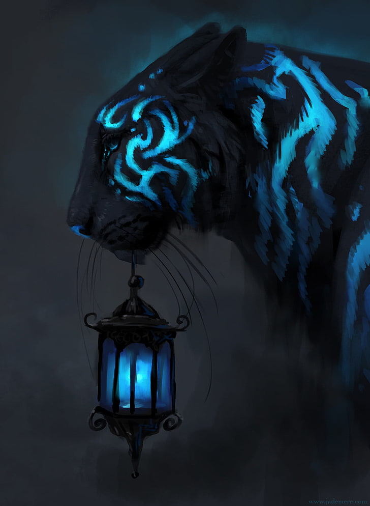 black and blue wild cat digital wallpaper, concept art, tiger, Jade Mere, animals, neon, lantern, cyan, blue, artwork, HD wallpaper