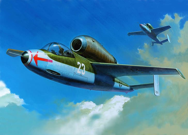 световна война, Втората световна война, война, военни, военни самолети, самолет, самолет, въздушни сили, реактивен изтребител, боен самолет, Германия, Luftwaffe, Boxart, произведение на изкуството, Heinkel He 162A Spatz, реактивен двигател, HD тапет
