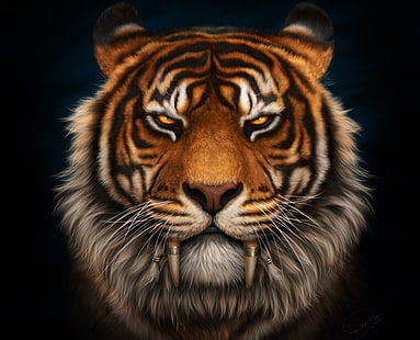 lukisan harimau, wajah, harimau, taring, Sabretooth, Wallpaper HD HD wallpaper