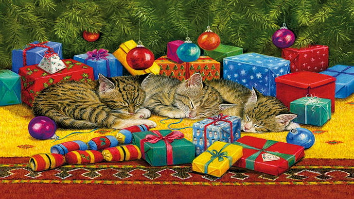 クリスマス猫の昼寝、3匹の茶色のぶち猫、装飾、プレゼント、クリスマス、睡眠、子猫、木、子猫、つまらないもの、 HDデスクトップの壁紙