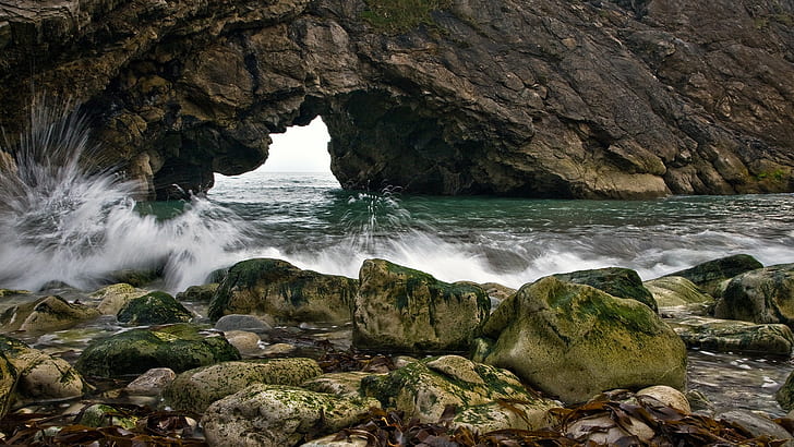 nature, sea, water, water drops, waves, rock, stones, stone, HD wallpaper