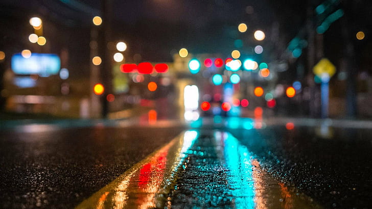アスファルトボケシティ被写界深度ニューヨーク市反射道路交通信号都市の水滴濡れた雨、 HDデスクトップの壁紙