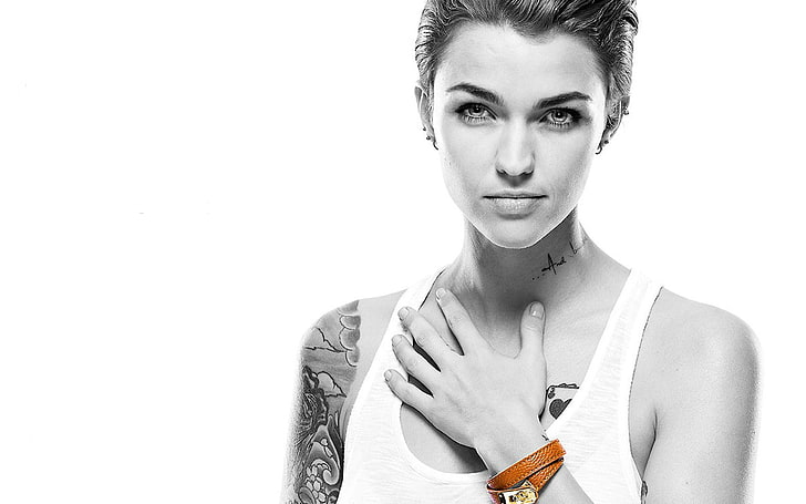 grayscale photo of woman portrait, Ruby Rose (actress), Orange Is the New Black, ruby rose , tattoo, short hair, HD wallpaper