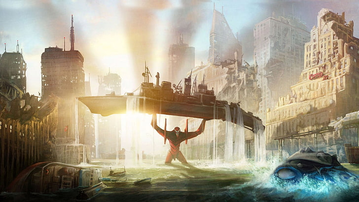 ilustracja brązowego zakładu, tapeta cyfrowa sceny filmowej, Neon Genesis Evangelion, jednostka EVA 02, łódź, miasto, anime, statek, zniszczenie, pejzaż miejski, robot, stworzenie, światło słoneczne, woda, Tapety HD
