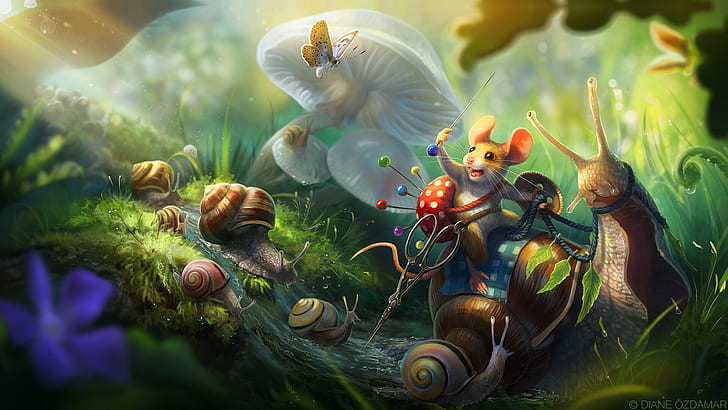 stream, butterfly, mushrooms, snail, mouse, warrior, fantasy, art, scissors, children's, pin, pincushion, Diane ÖZDAMAR, Tiny Timmy and the Army of Snails, HD wallpaper