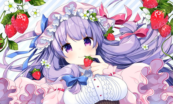 Patchouli Knowledge, Touhou, purple hair, purple eyes, strawberries, HD wallpaper