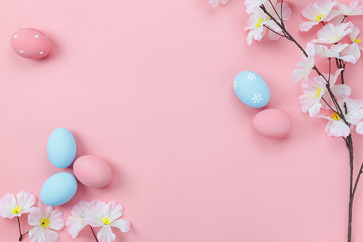 flowers, background, pink, eggs, spring, Easter, wood, blossom, decoration, Happy, tender, HD wallpaper