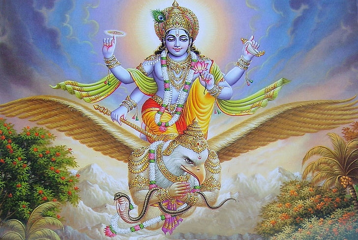 Господь Вишну, сидящий на Гаруде, иллюстрация божества, Бог, Господь Вишну, Господь, Вишну, HD обои