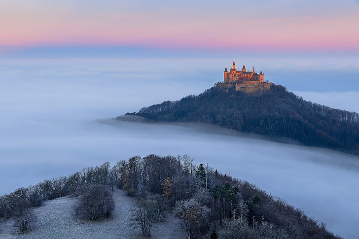 jesień, mgła, Niemcy, listopad, Badenia-wirtembergia, zamek Hohenzollern, zimny poranek, Tapety HD