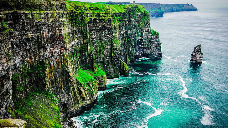 cliffs of moher, cliff, peaceful, atlantic ocean, county clare, burren, great britain, united kingdom, europe, ireland, cliffs, high angle view, nature, structure, rocks, waves, shore, water, green, sea, HD wallpaper