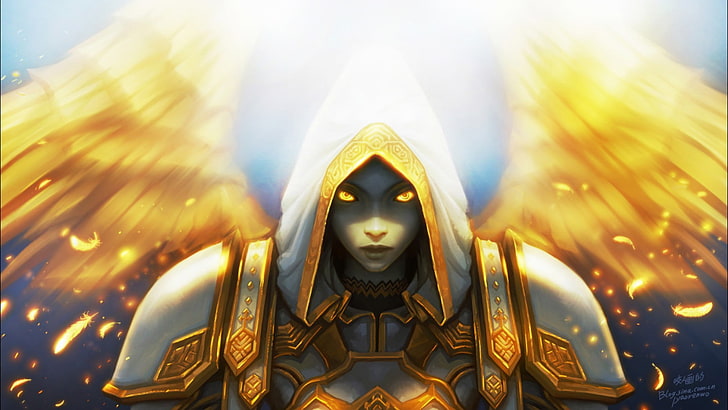ภาพประกอบของมนุษย์ที่มีปีกนางฟ้าศิลปะแฟนตาซีอัศวิน World of Warcraft นักบวชวิดีโอเกมมีปีก, วอลล์เปเปอร์ HD