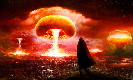 Románticamente apocalíptico, dibujo, nuclear, nube nuclear, apocalíptico, fuego, ciudad, capuchas, capa, explosión, noche, cómics, bomba atómica, cielo rojo, Fondo de pantalla HD HD wallpaper