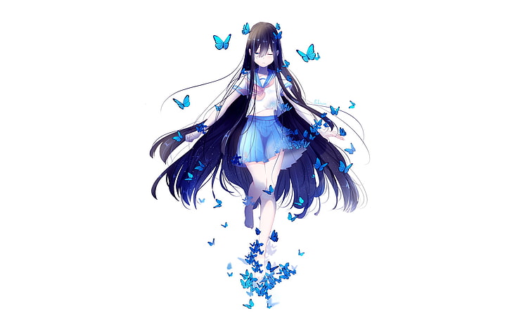 robe fleurie bleu et blanc femme, papillon, bleu, uniforme scolaire, personnages originaux, Fond d'écran HD