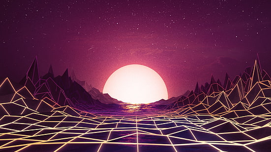 Sunset, The sun, Music, Space, Star, Background, Neon, 80's, Synth, Retrowave, Synthwave, New Retro Wave, Futuresynth, Sintav, Retrouve, Outrun, Harald Revery, by Harald Revery, HD wallpaper HD wallpaper