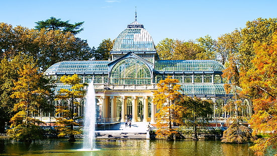 crystal palace, palace, water, outdoor structure, park, facade, city, tourist attraction, autumn, retiro park, madrid, spain, fountain, HD wallpaper HD wallpaper