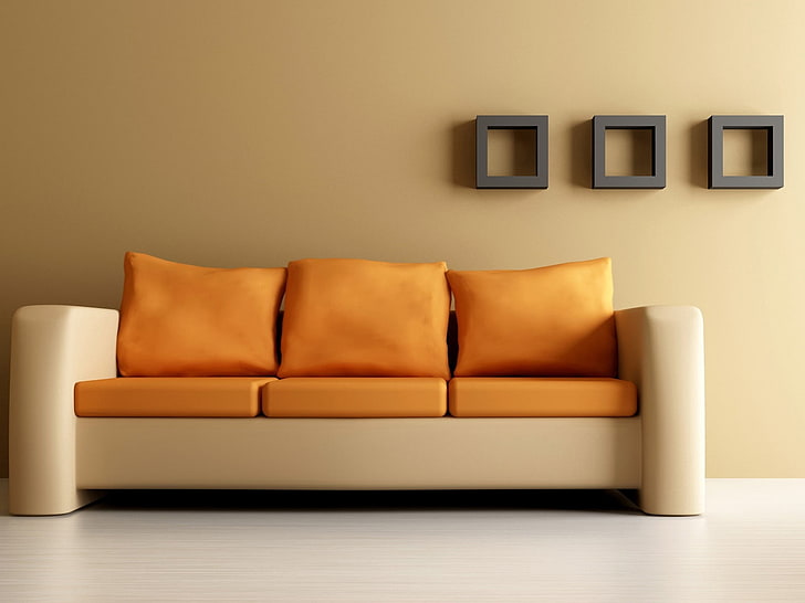 бежевый и оранжевый кожаный диван, диван, мебель, кожа, оранжевый, бежевый, HD обои
