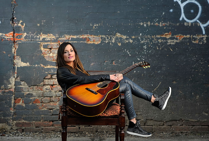 women's black leather jacket, pants, and shoes outfit, vocals, acoustic guitar, American country music singer, Kacey Musgraves, mandolin, HD wallpaper