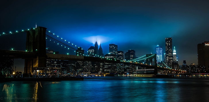 Brooklyn Bridge, New York, city, night, lights, river, bridge, brooklyn, new york, HD wallpaper