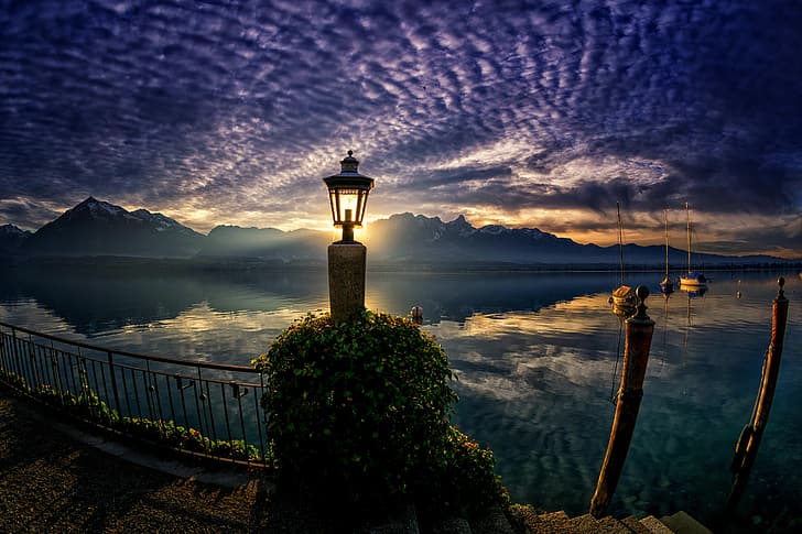 landscape, sunset, mountains, nature, boats, Switzerland, lantern, Lake Thun, Thunersee, HD wallpaper