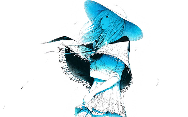 profile of woman illustration, the wind, blue, Girl, minimalism, hat, petals, art, Sawasawa, HD wallpaper