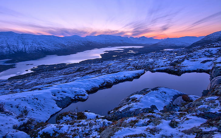 Norvège paysage d'hiver, montagnes, coucher de soleil, neige, Norvège, hiver, paysage, montagnes, coucher de soleil, neige, Fond d'écran HD