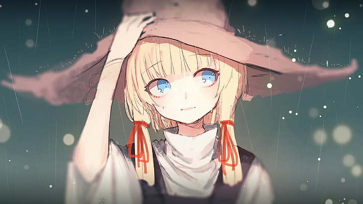 мория сувако, туху, шапка на вещици, сини очи, дъжд, блондинка, аниме, HD тапет