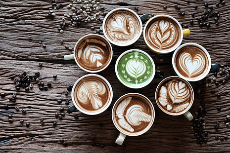 café, cappuccino, xícara, grãos de café, HD papel de parede HD wallpaper