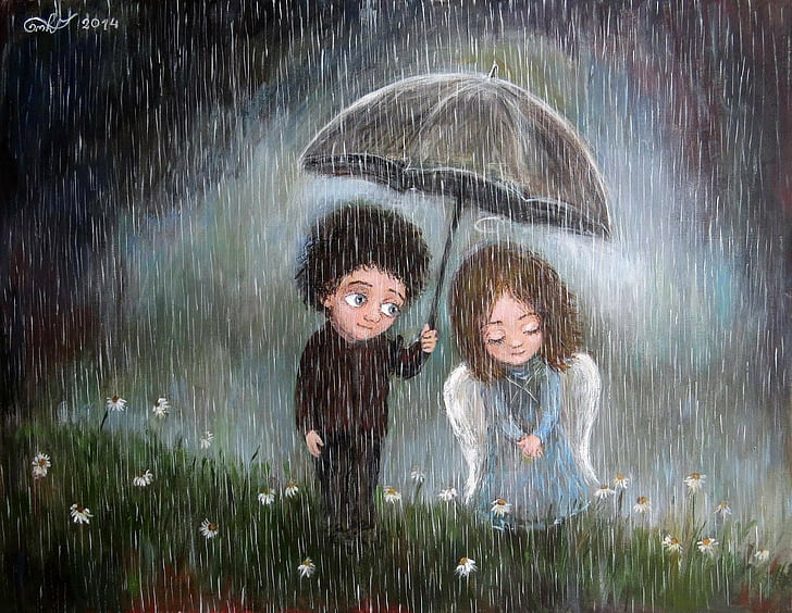angel, artwork, couple, emotions, field, flowers, rain, umbrella, HD wallpaper