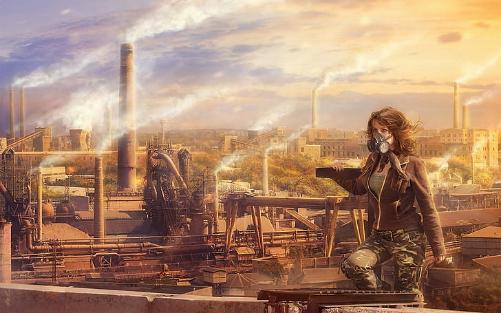 งานศิลปะ, หน้ากากป้องกันแก๊ส, อุตสาหกรรม, อนาคต, ผู้หญิง, มลพิษ, วอลล์เปเปอร์ HD