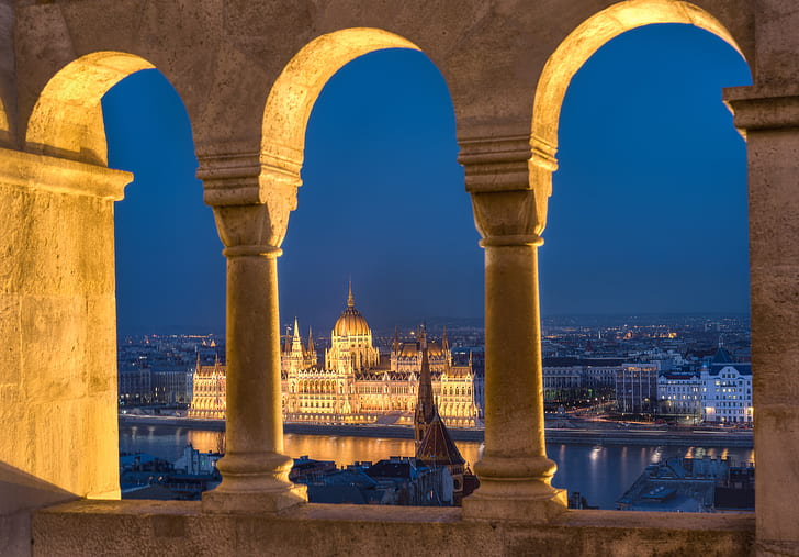 noc, światła, rzeka, kolumny, parlament, Węgry, Budapeszt, Dunaj, Tapety HD
