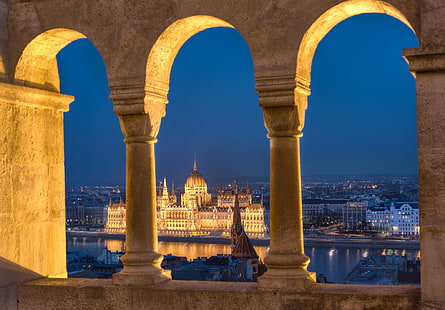 noite, luzes, rio, colunas, parlamento, Hungria, Budapeste, o Danúbio, HD papel de parede HD wallpaper