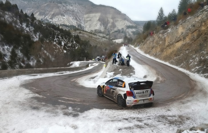 white and black sedan, Auto, Mountains, White, Sport, Volkswagen, Machine, People, Turn, Skid, Red Bull, WRC, Rally, Polo, Competition, Sebastien Ogier, Julien Ingrassia, The descent, HD wallpaper