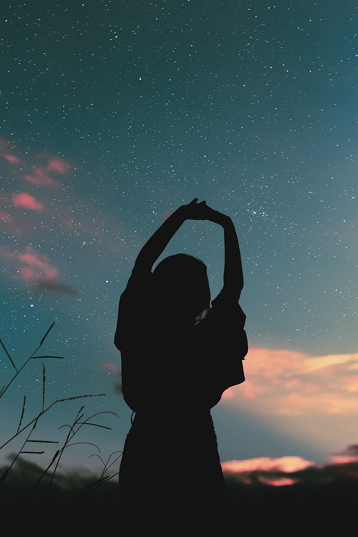 silhouette of person, girl, silhouette, starry sky, solitude, HD wallpaper