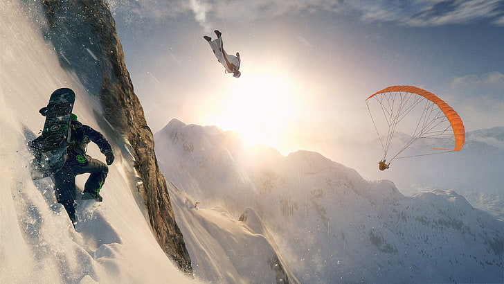 person paragliding digital wallpaper, video games, Steep, mountains, snow, Sun, parachutes, skydiver, skydiving, snowboards, clouds, wingsuit, men, Ubisoft, flying, paragliding, HD wallpaper