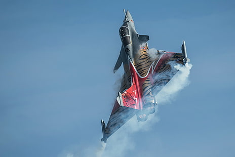 серый и красный авиалайнер, Dassault Rafale, Air 14, самолет, небо, трюк, Швейцария, HD обои HD wallpaper