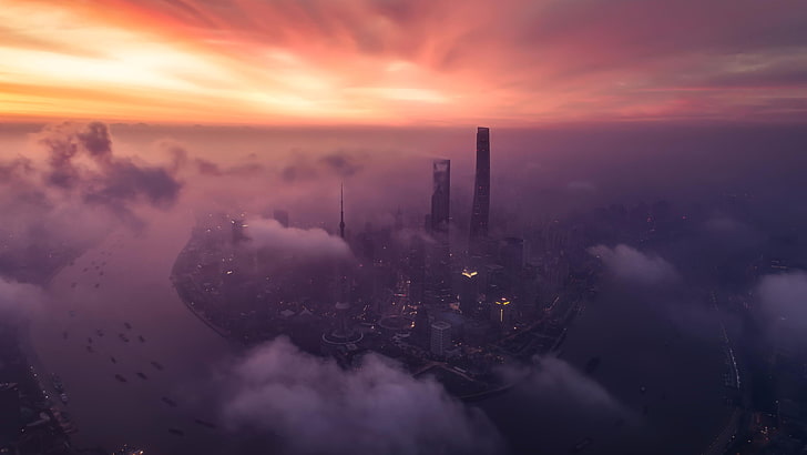 아침, 상하이, 중국, 새벽, 일출, 아시아, 조감도, HD 배경 화면