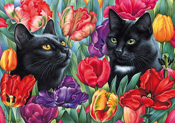 flowers, picture, tulips, painting, Irina Garmashova, Cat among the tulips, black cats, two faces, HD wallpaper