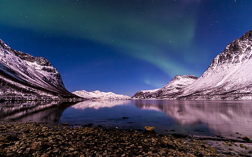 Норвегия, северное сияние, зима, ночь, Тромсё, фьорд, Норвегия, северное, сияние, зима, ночь, Тромсё, фьорд, HD обои HD wallpaper