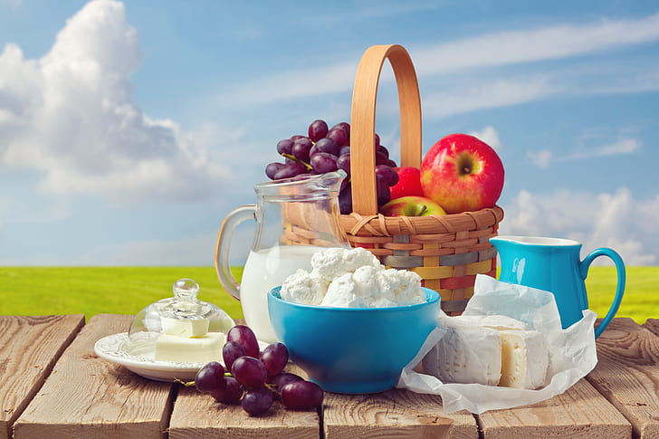 field, the sky, the sun, clouds, landscape, table, background, basket, apples, Board, oil, cheese, milk, horizon, plate, grapes, Cup, fruit, bokeh, pitchers, HD wallpaper