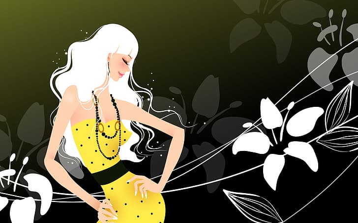 flowers, smile, the dark background, belt, beads, big Breasts, yellow dress, dark background, beautiful blonde, HD wallpaper