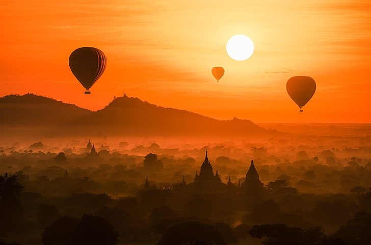 hot air balloons over a city, forest, the sun, flight, sunset, balloons, temple, architecture, Palace, old, old town, Myanmar, Burma, mist, Bagan, lost city, the lost town, HD wallpaper