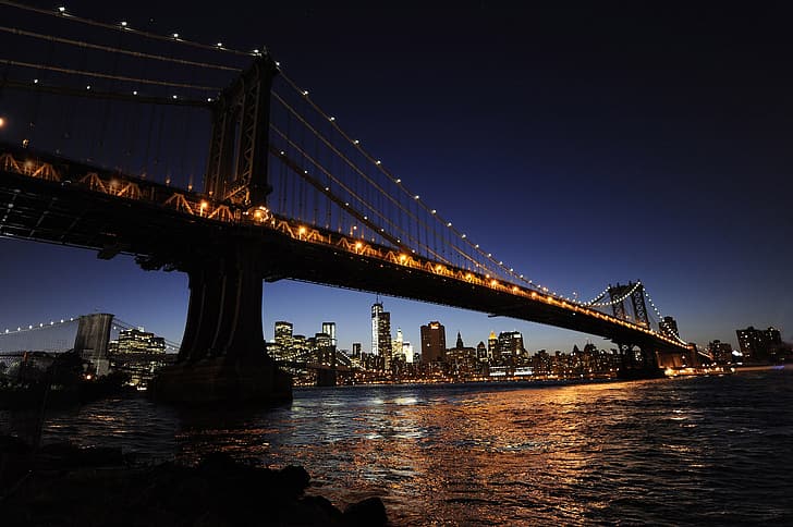 Manhattan, Manhattan Bridge, river, night, HD wallpaper