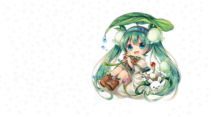 girl, flowers, snowflakes, spring, anime, art, Chibi, Bunny, Vocaloid, Lily of the valley, Miku, Spring Miku, vocaloid., HD wallpaper